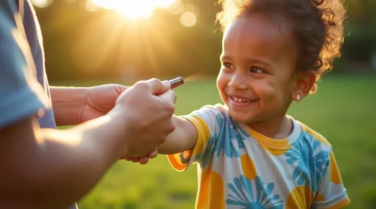 Parent applying mosquito repellent spray to happy child outdoors in summer