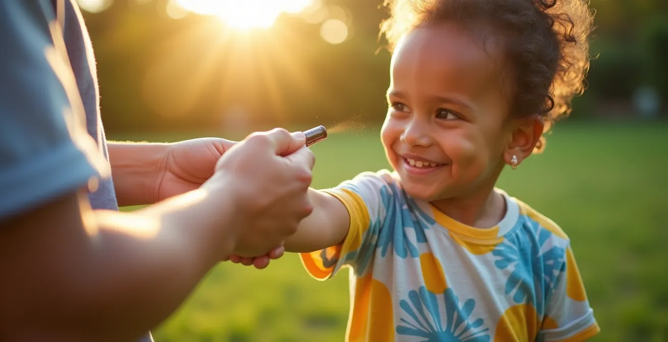 Parent applying mosquito repellent spray to happy child outdoors in summer